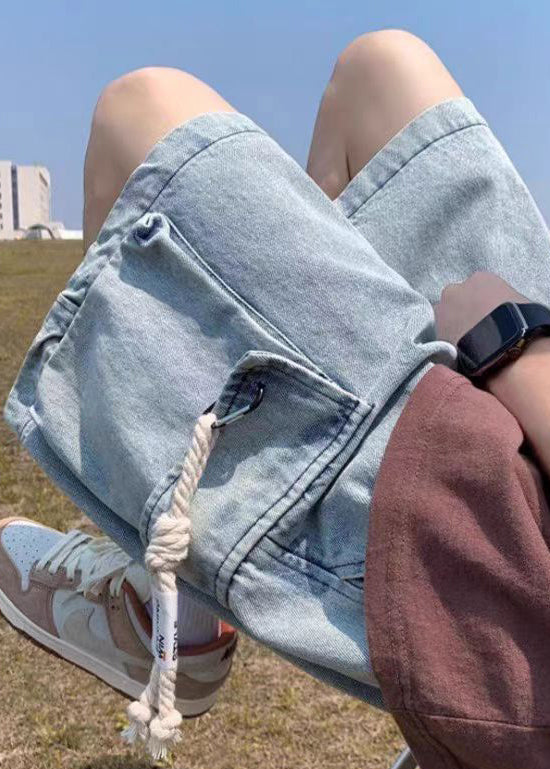 Modern Light Blue Pockets Drawstring Denim Mens Shorts Summer YL021