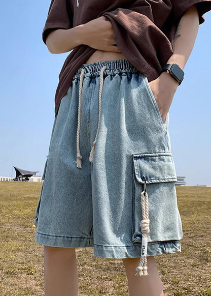 Modern Light Blue Pockets Drawstring Denim Mens Shorts Summer YL021