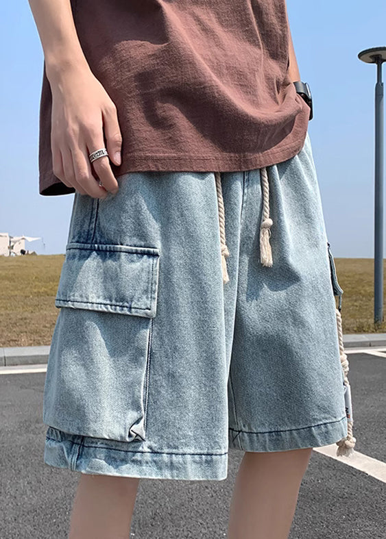 Modern Light Blue Pockets Drawstring Denim Mens Shorts Summer YL021