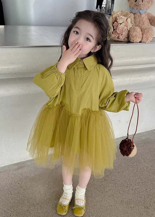 Modern Light Green Peter Pan Collar Tulle Patchwork Girls Long Dress Long Sleeve SS1060