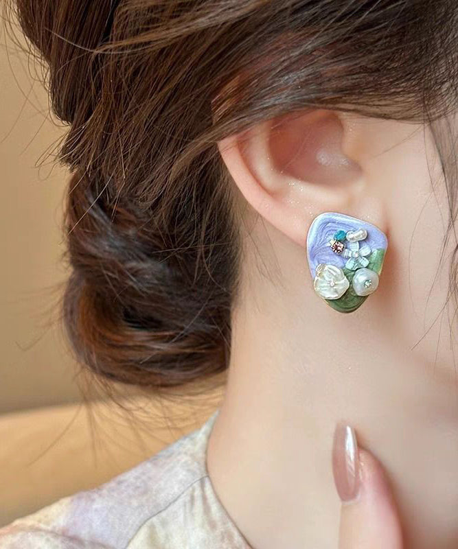 Earrings Zircon Alloy Modern Stud Beads Rice Light Floral Purple