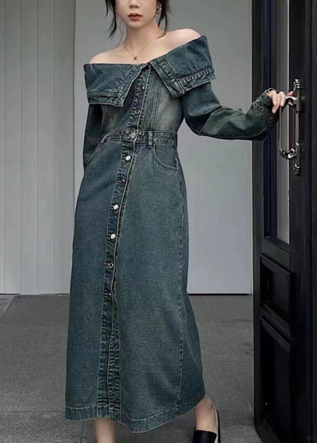 Cold Dresses Modern Denim Summer Shoulder Side Open Navy