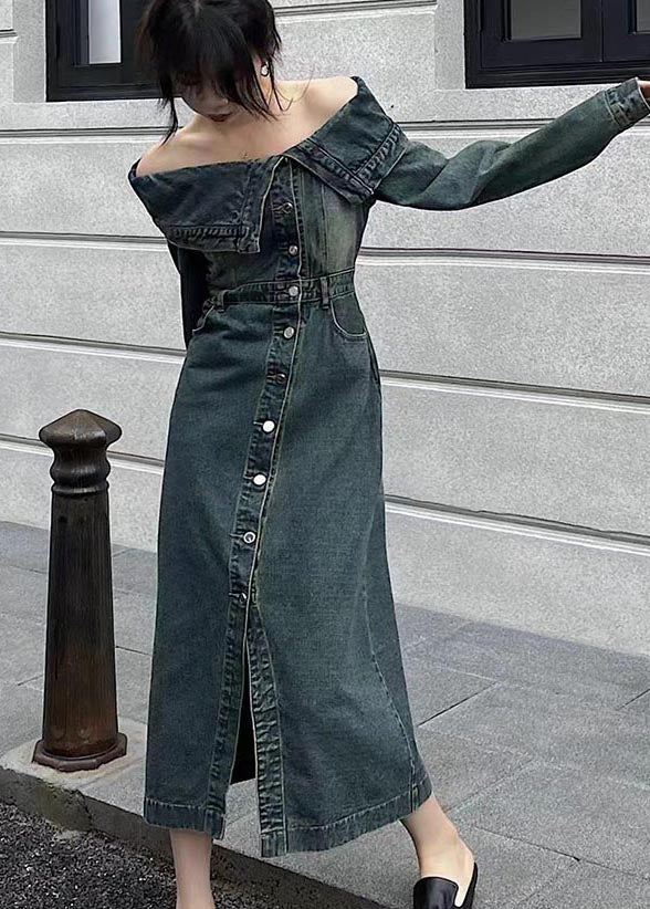 Cold Dresses Modern Denim Summer Shoulder Side Open Navy