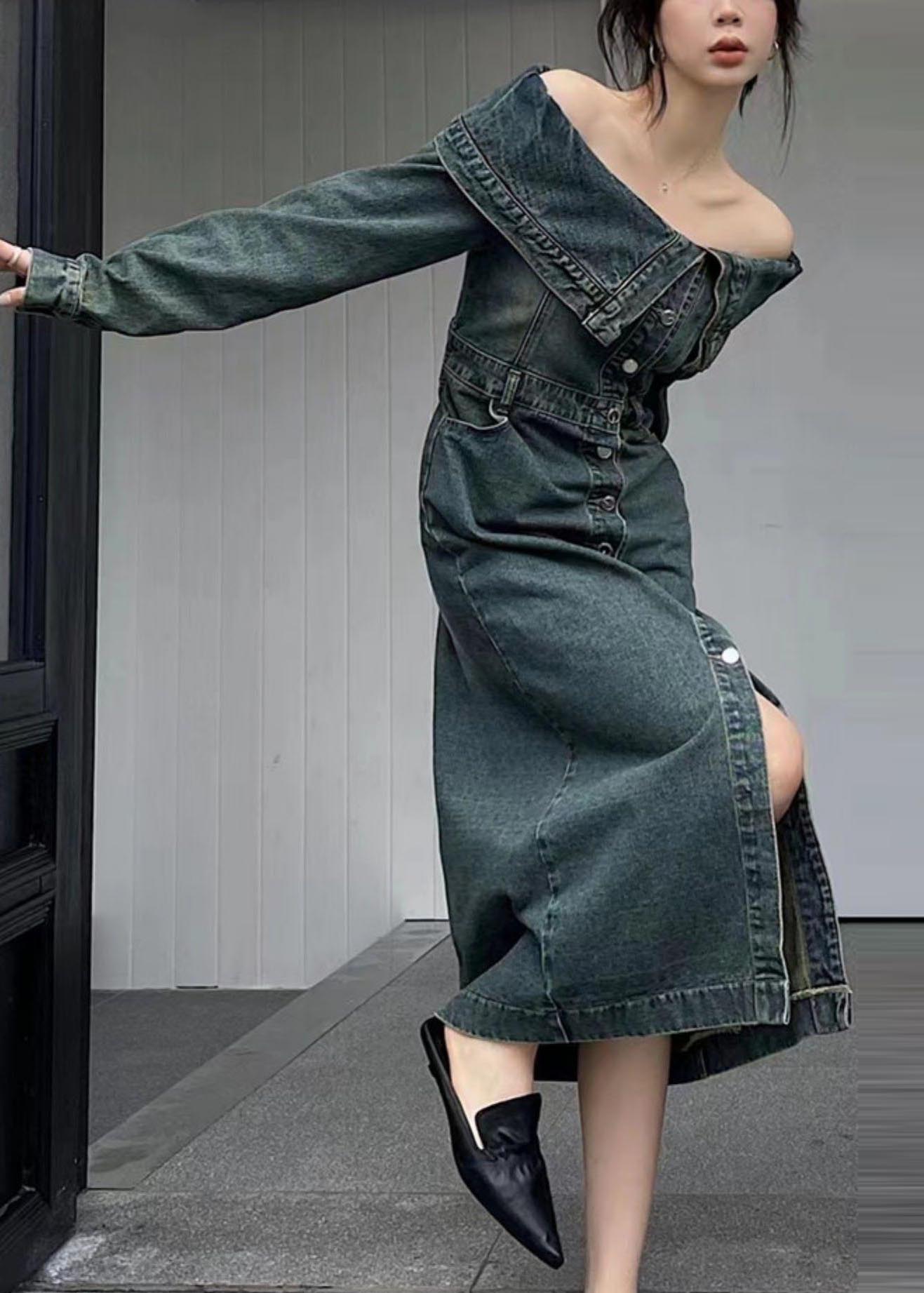 Cold Dresses Modern Denim Summer Shoulder Side Open Navy