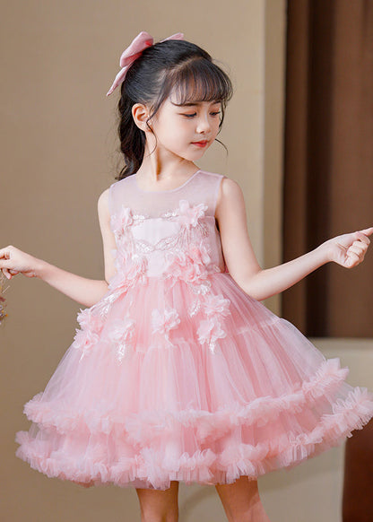 Robe mi-longue en tulle fleuri rose moderne à col rond pour enfants sans manches EW016