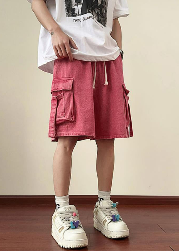 Denim Shorts Summer Elastic Waist Modern Pockets Men Pink