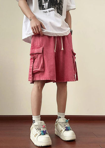 Denim Shorts Summer Elastic Waist Modern Pockets Men Pink