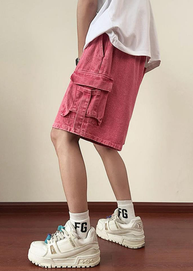 Denim Shorts Summer Elastic Waist Modern Pockets Men Pink