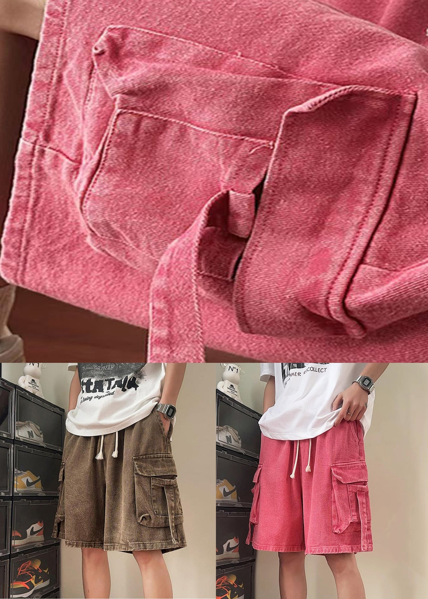 Denim Shorts Summer Elastic Waist Modern Pockets Men Pink