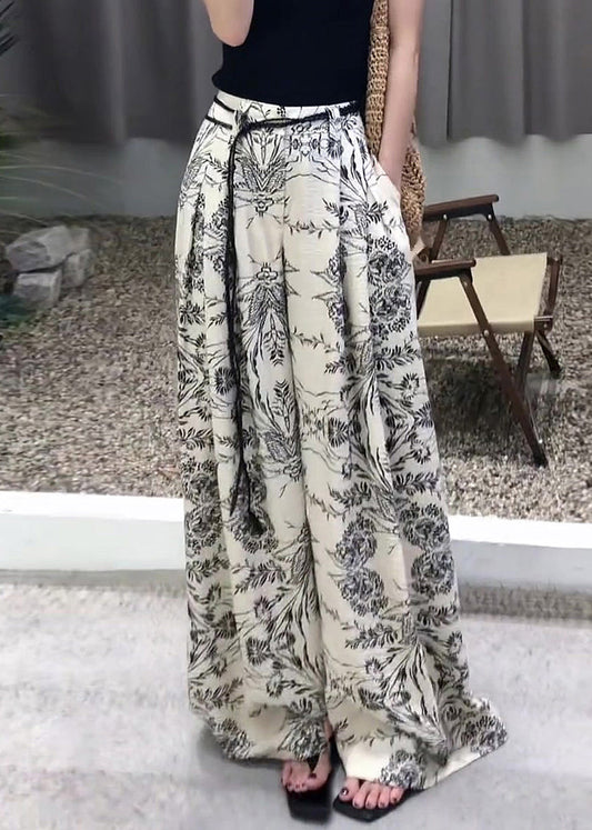 Modern Fall Leg Cotton Pockets Waist Print Wide Pants High