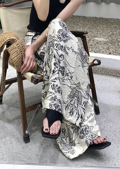 Modern Fall Leg Cotton Pockets Waist Print Wide Pants High