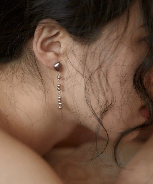 Pearl Earrings Metal Drop Purple Asymmetrical Modern