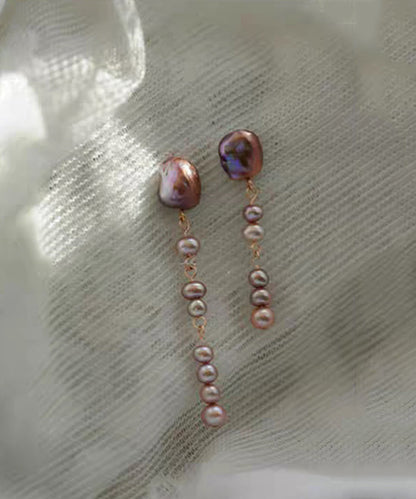 Pearl Earrings Metal Drop Purple Asymmetrical Modern