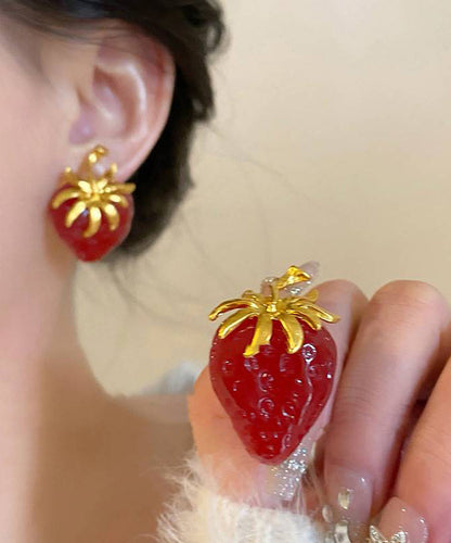 Modern Red Sterling Silver Overgild Strawberries Crystal Stud Earrings ZZ021