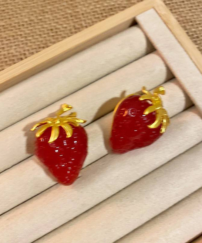 Modern Red Sterling Silver Overgild Strawberries Crystal Stud Earrings ZZ021