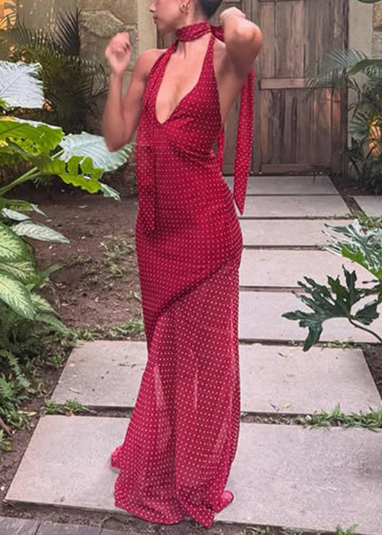 Dress Sleeveless Patchwork Red Tulle V Neck Long Modern