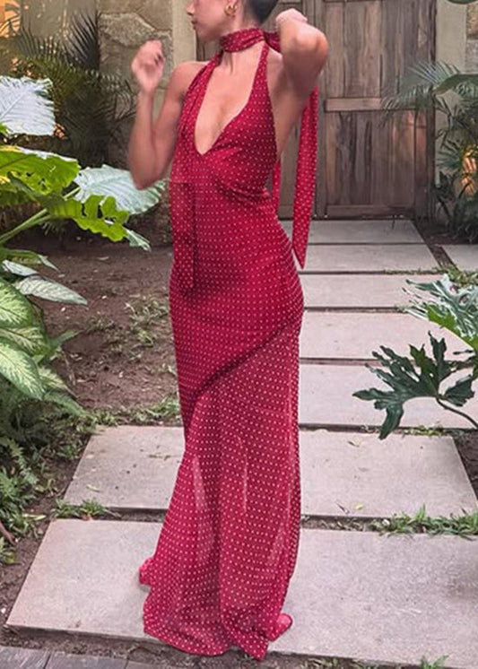 Dress Sleeveless Patchwork Red Tulle V Neck Long Modern