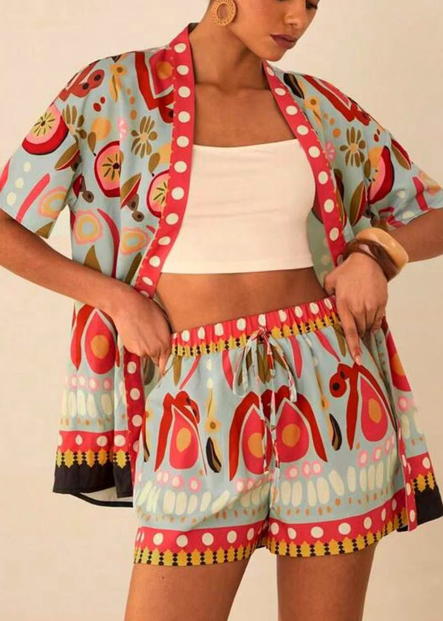 Blue Modern Pieces Neck And Shorts Royal Cardigans Two V Print