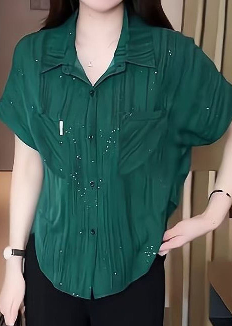 Green Modern Summer Sequins Chiffon Tops Blouse Tea