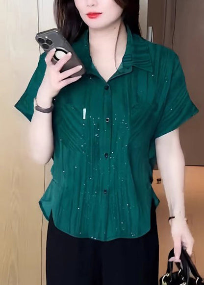 Green Modern Summer Sequins Chiffon Tops Blouse Tea