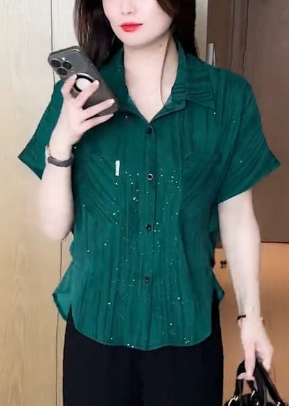 Green Modern Summer Sequins Chiffon Tops Blouse Tea