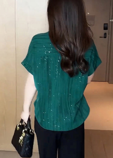 Green Modern Summer Sequins Chiffon Tops Blouse Tea
