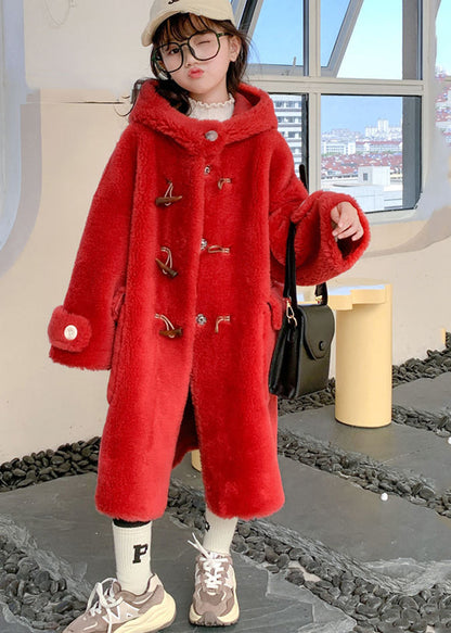 Modern White Button Girls Mink Velvet Long Hooded Coats Winter TG016