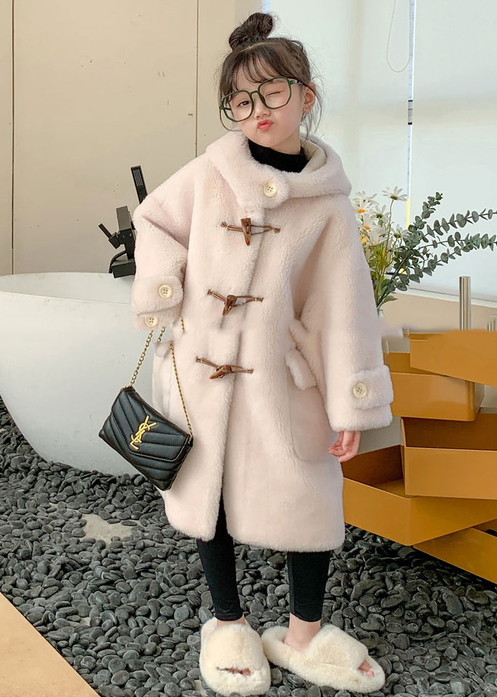 Modern White Button Girls Mink Velvet Long Hooded Coats Winter TG016