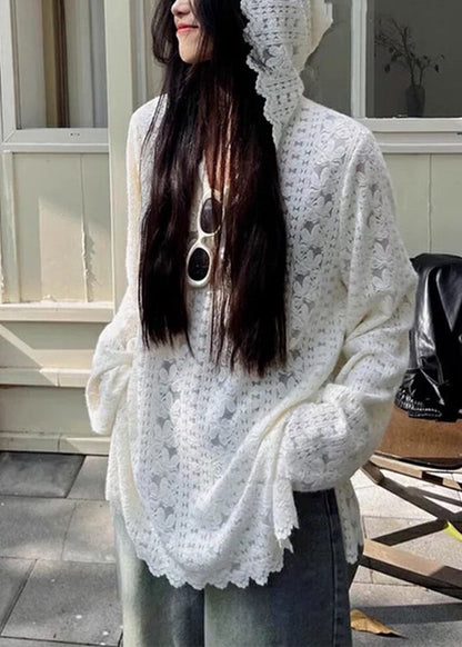 Lace Modern Floral Spring Shirts White Hooded Knit