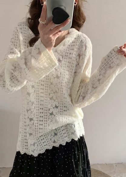 Lace Modern Floral Spring Shirts White Hooded Knit