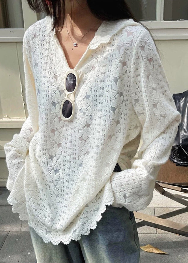 Lace Modern Floral Spring Shirts White Hooded Knit