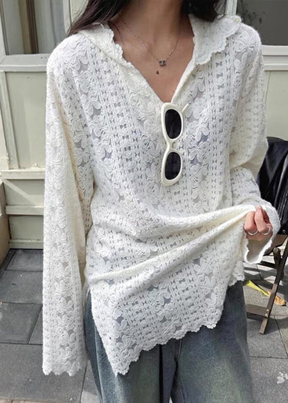 Lace Modern Floral Spring Shirts White Hooded Knit
