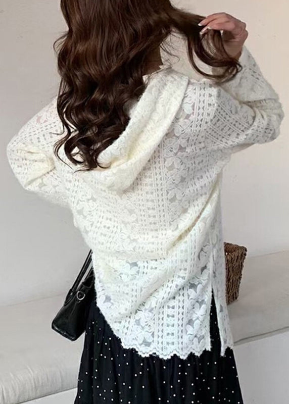 Lace Modern Floral Spring Shirts White Hooded Knit