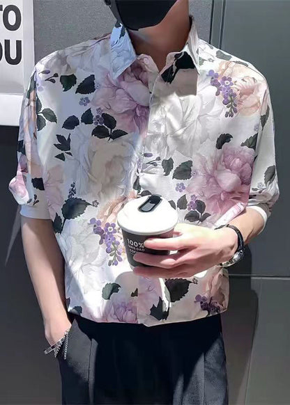 Modern White Peter Pan Collar Print Mens Shirts Summer HG019