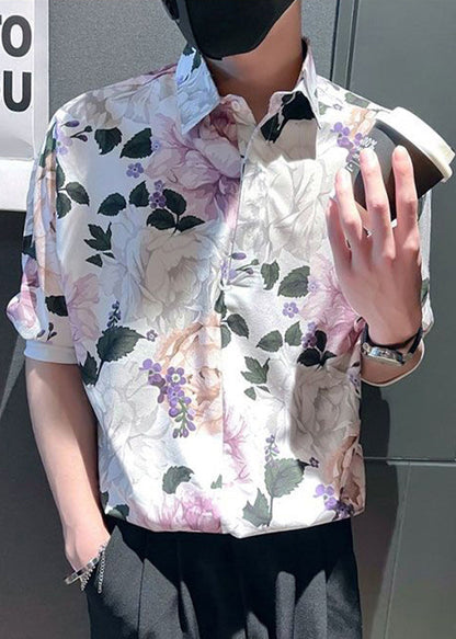 Modern White Peter Pan Collar Print Mens Shirts Summer HG019