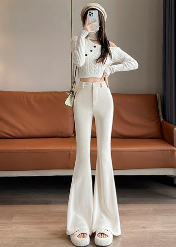 Modern White Silm Fit Cotton Bell-bottom Trousers Spring YP002