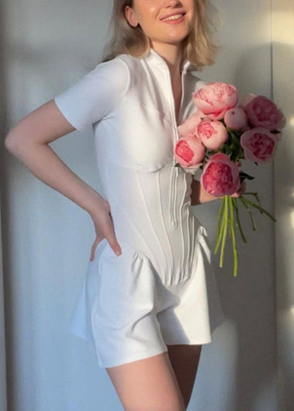 White Stand Modern Zippered Tops Collar Bodysuit