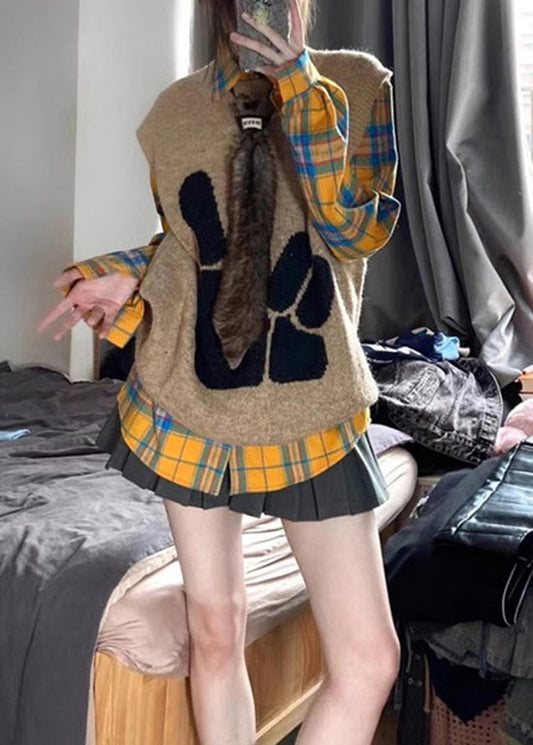 Modern Yellow Plaid Knit Vest And Shirts Two Pieces Set Spring TN046