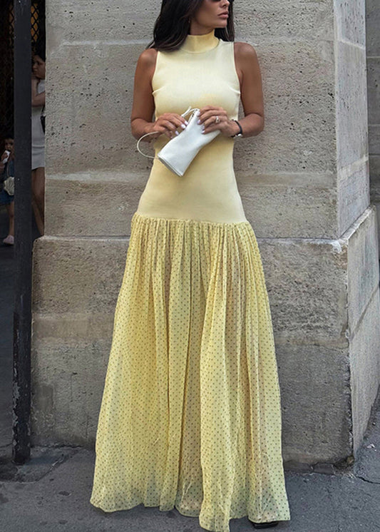 Dress Sleeveless Stand Modern Tulle Patchwork Collar Yellow
