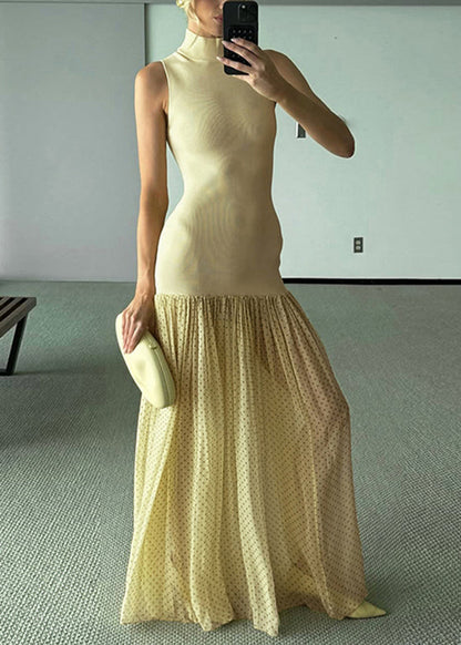Dress Sleeveless Stand Modern Tulle Patchwork Collar Yellow