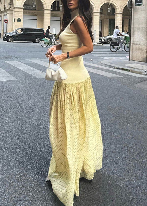 Dress Sleeveless Stand Modern Tulle Patchwork Collar Yellow