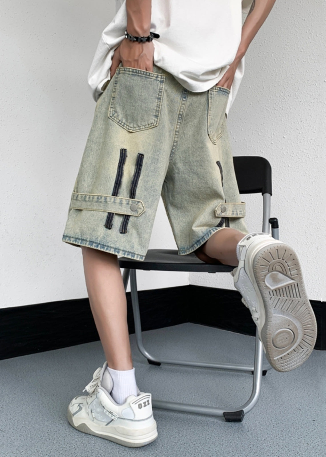 Mud Yellow Pockets Denim Mens Shorts High Waist Summer YL019