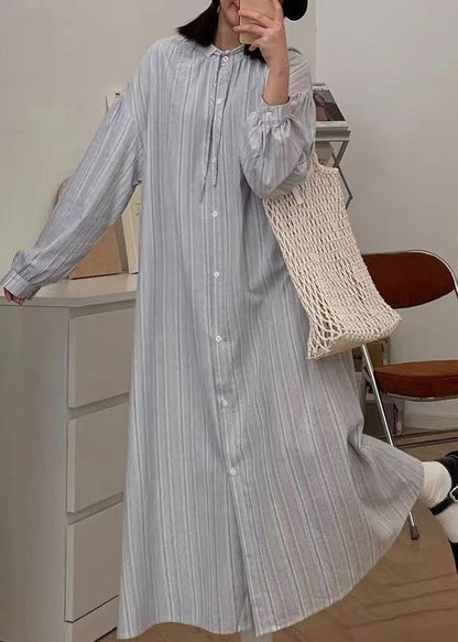 Natural Apricot Peter Pan Collar Striped Button Maxi Shirts Dress Spring GH1058