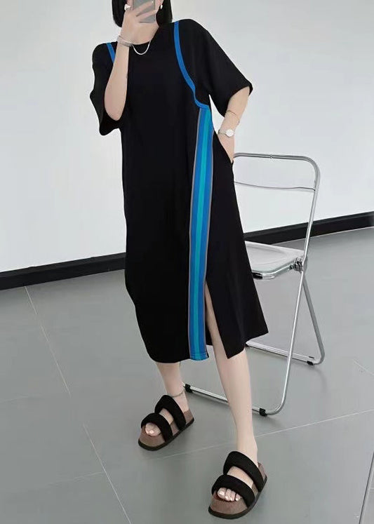 Natural Black O-Neck Asymmetrical Patchwork Cotton Dresses Summer WW1024