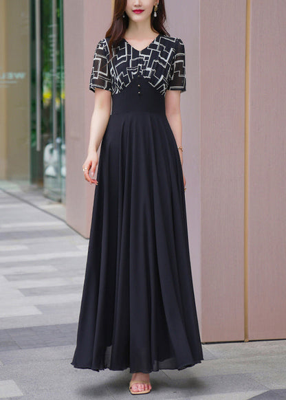 Chiffon Dresses Patchwork Summer Long Black Natural V Neck