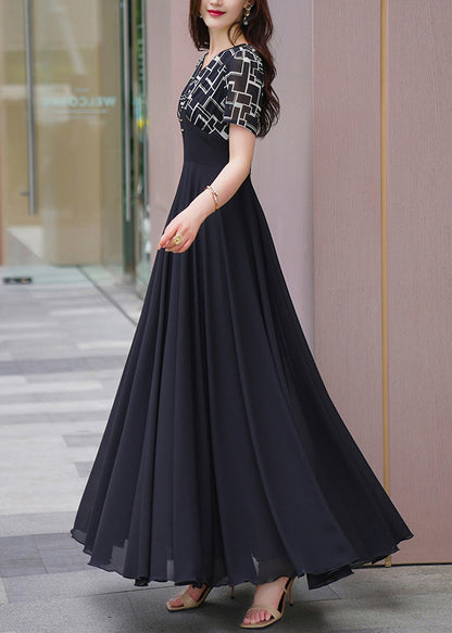 Chiffon Dresses Patchwork Summer Long Black Natural V Neck
