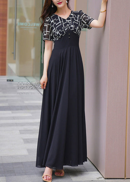 Chiffon Dresses Patchwork Summer Long Black Natural V Neck