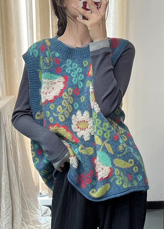 Natural Blue O Neck Print Cotton Knit Vest Sleeveless TI038