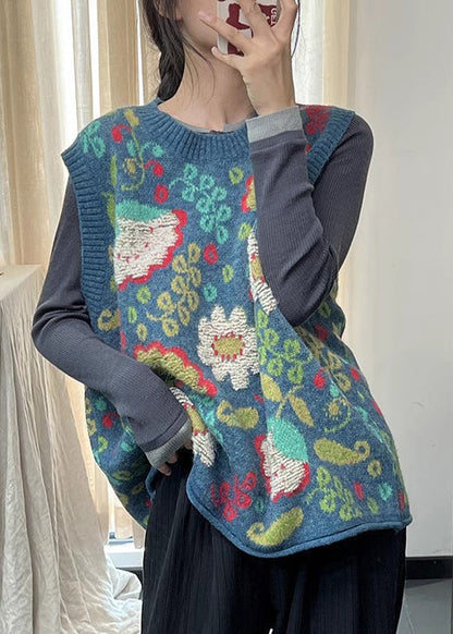 Natural Blue O Neck Print Cotton Knit Vest Sleeveless TI038