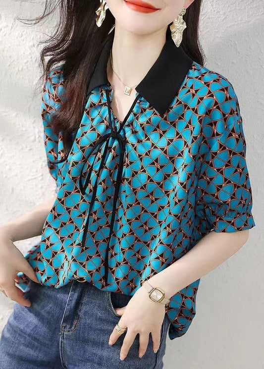 Natural Blue Peter Pan Collar Print Silk Shirts Summer BV011